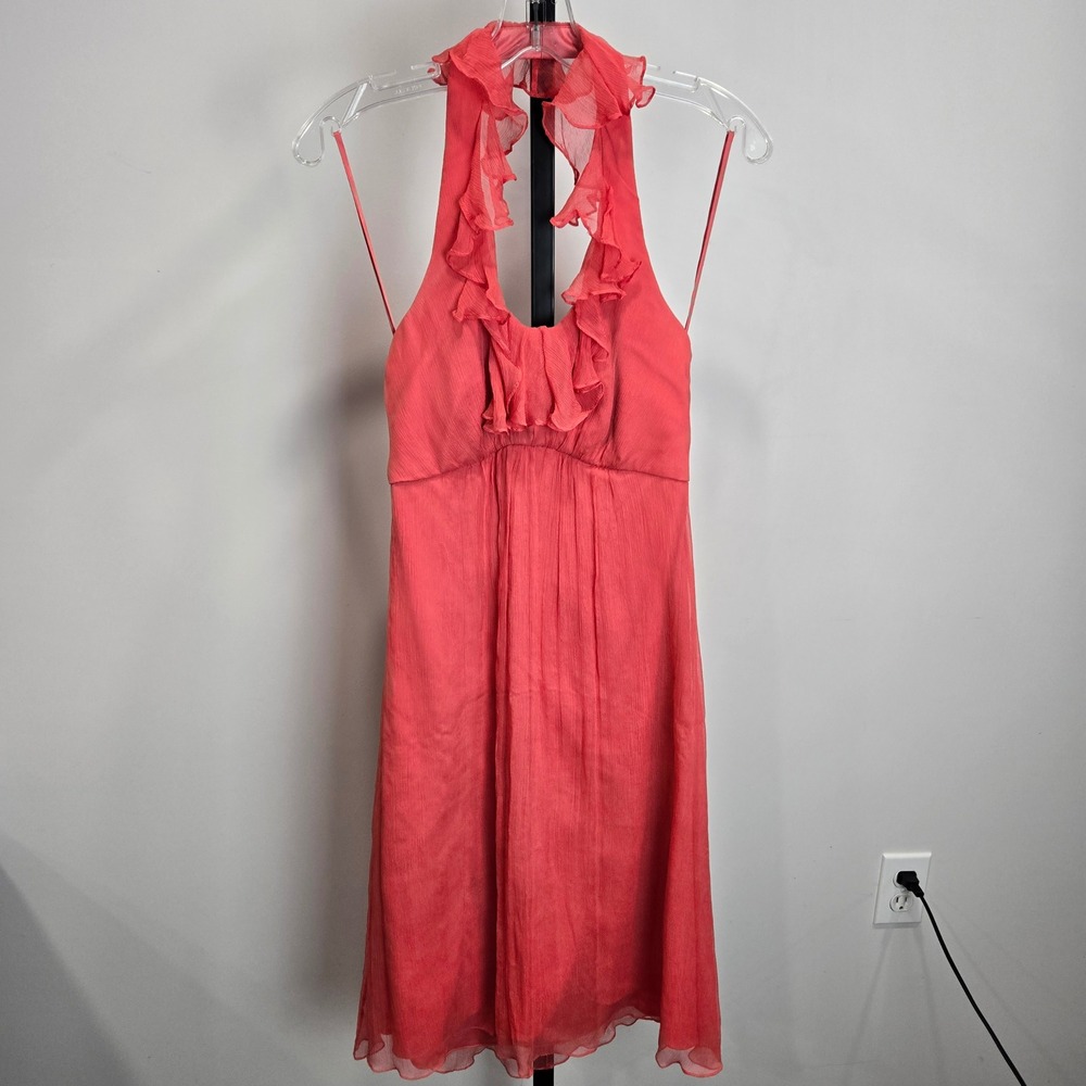 Amsale Coral Pink 100% Silk Ruffle Halter Neck Cocktail Dress Size 2 Romantic